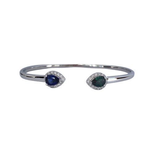 PEAR-SHAPE CUFF WITH EMERALD & SAPPHIRE HALO OPEN BANGLE
