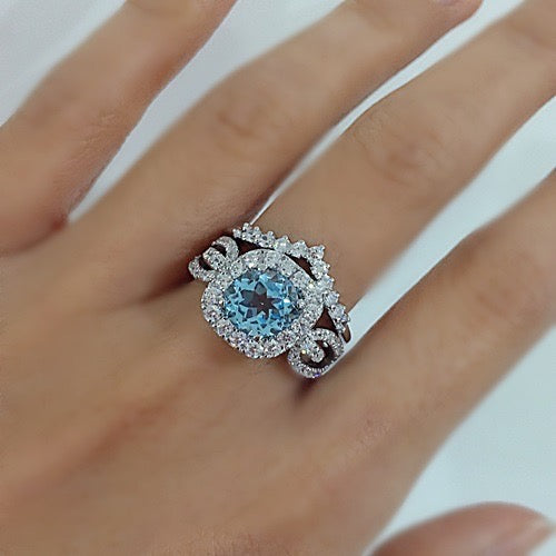HALO RING LOOP BAND RING WITH HALF ETERNITY V-SHAPE RING