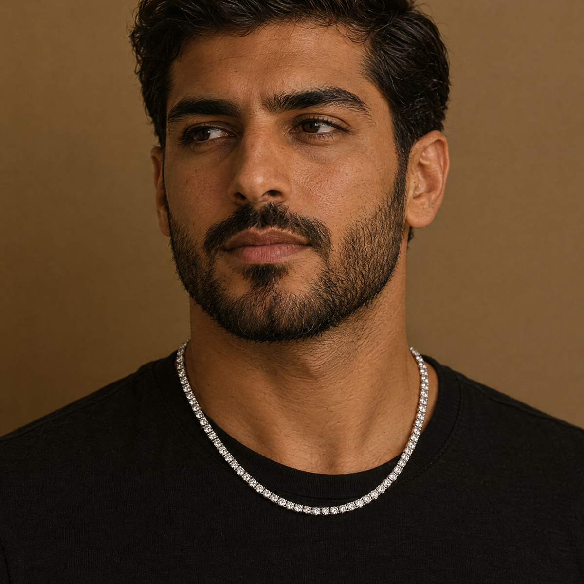 Men's 4MM Tennis Necklace in silver worn by an Arab male model