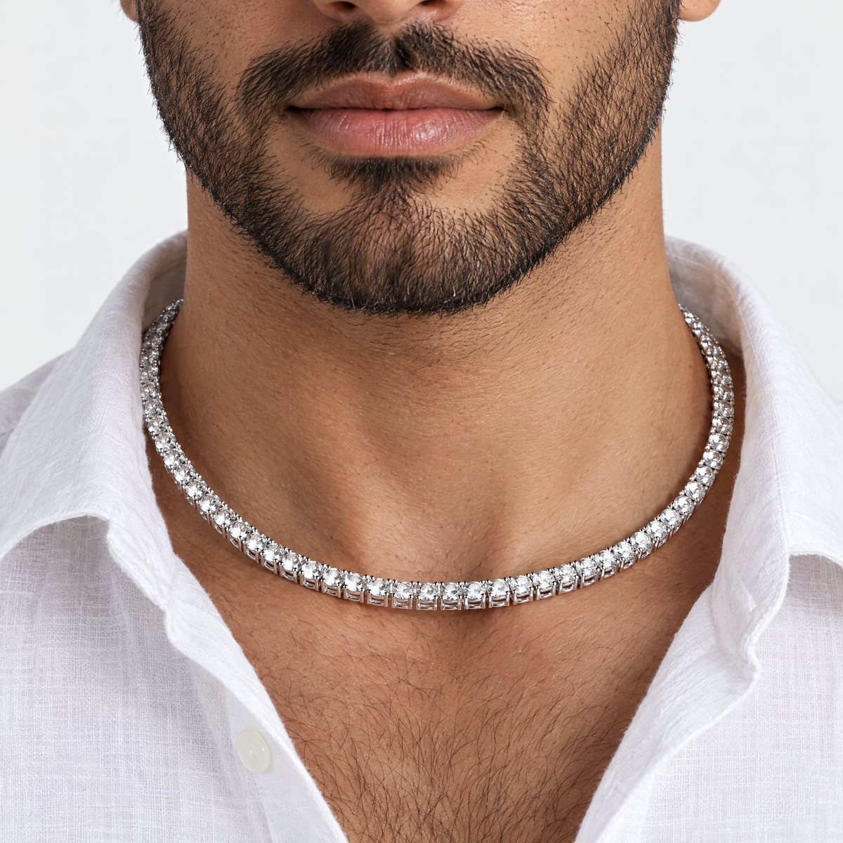 Men's 5MM Tennis Necklace in silver worn by an Arab male model