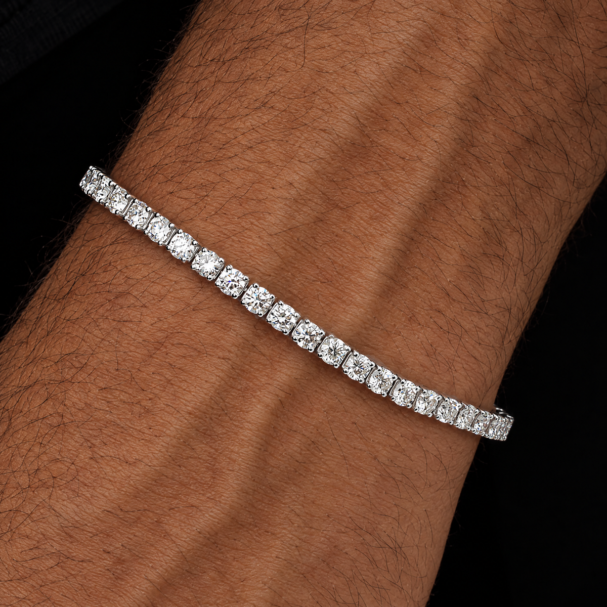 Men's 3MM Moissanite Tennis Bracelet in silver worn by an Arab male model