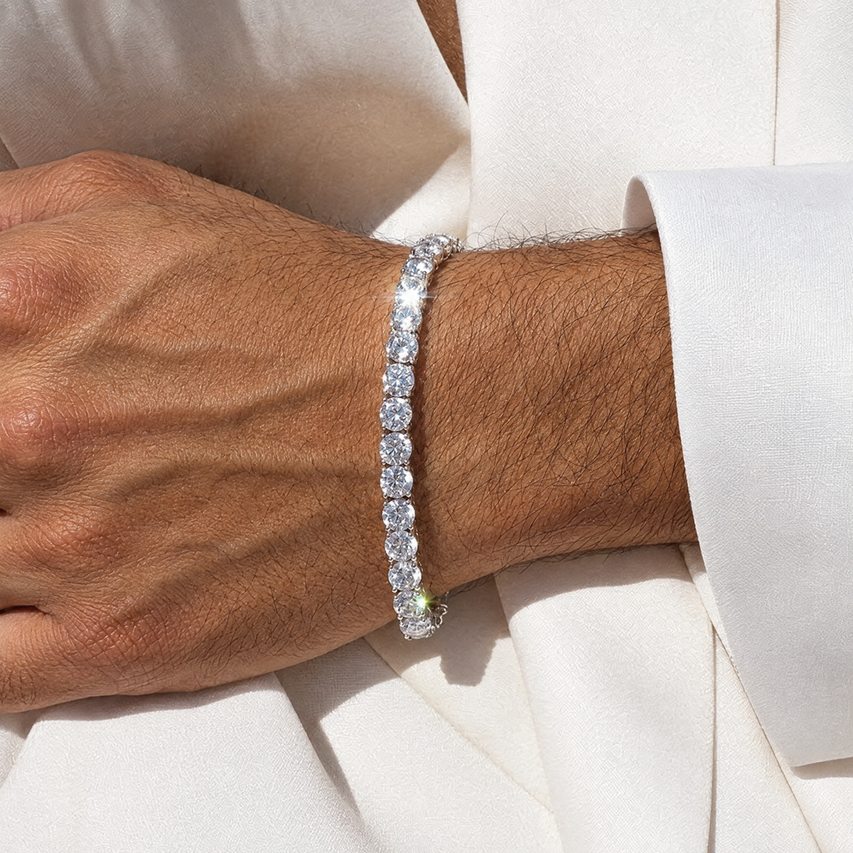 Men's 5MM Moissanite Tennis Bracelet in silver worn by an Arab male model