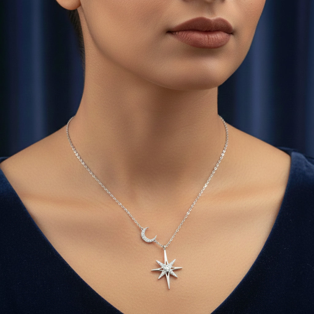 Star and Moon pendant- WHITE GOLD