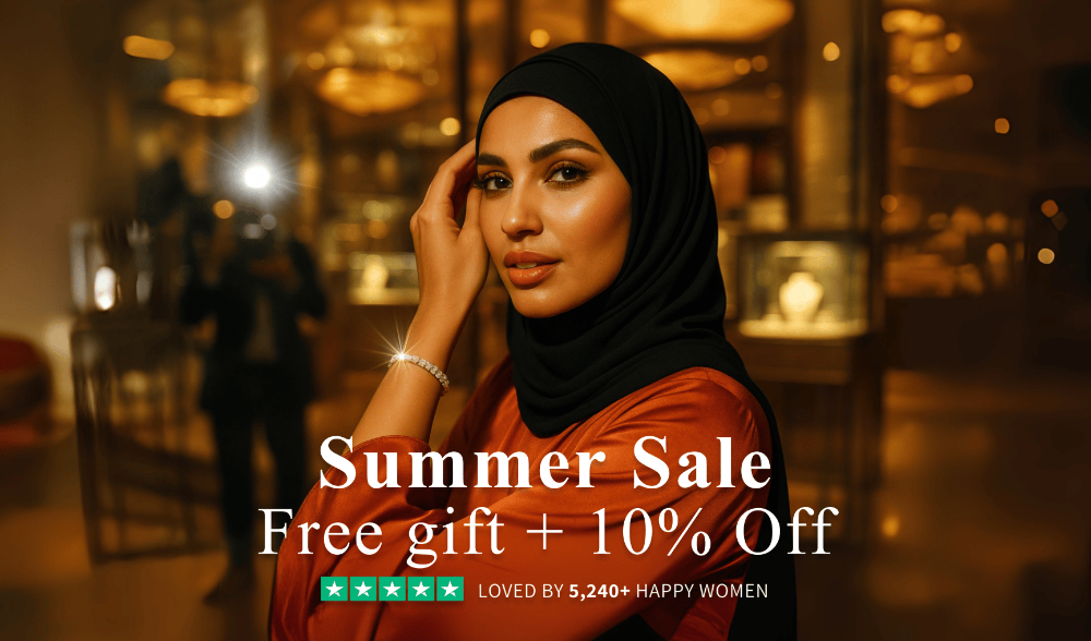 Woman wearing a hijab with promotional text for a summer sale in a blurred indoor setting
