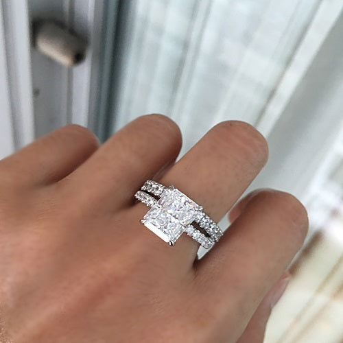 RADIANT CUT ENGAGEMENT RING & 3/4 ETERNITY BAND RING SET