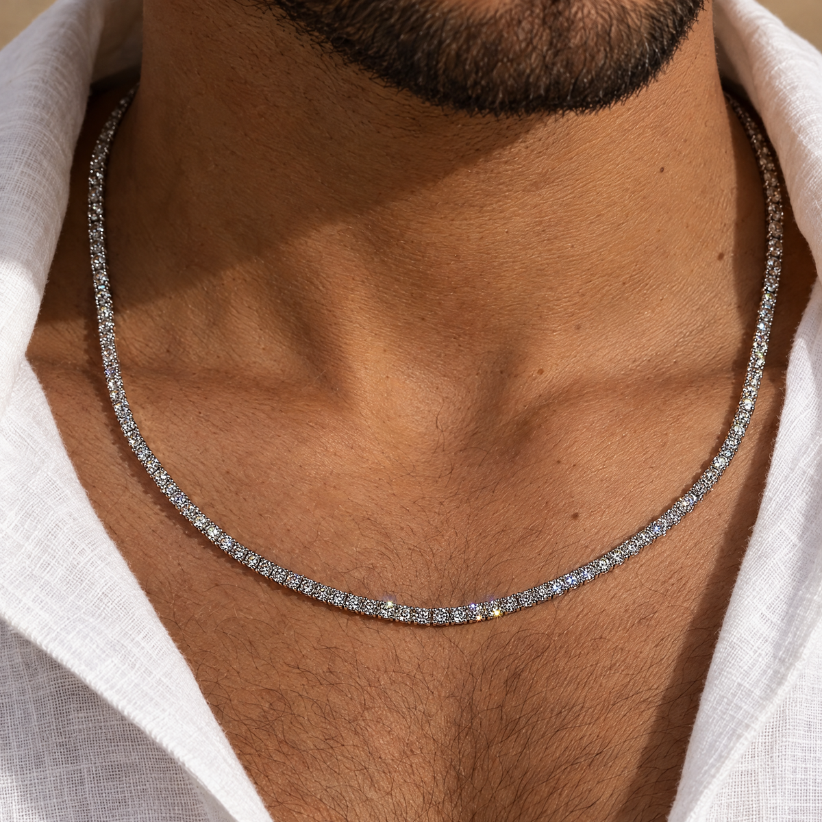 Men's 3MM Tennis Necklace in silver worn by an Arab male model